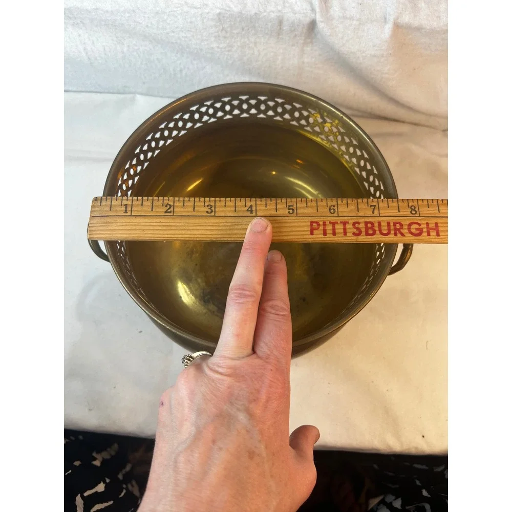 Vintage Brass Footed Planter‎ Reticulated Rim Lion Paw Feet Cachepot Bowl 7.5in